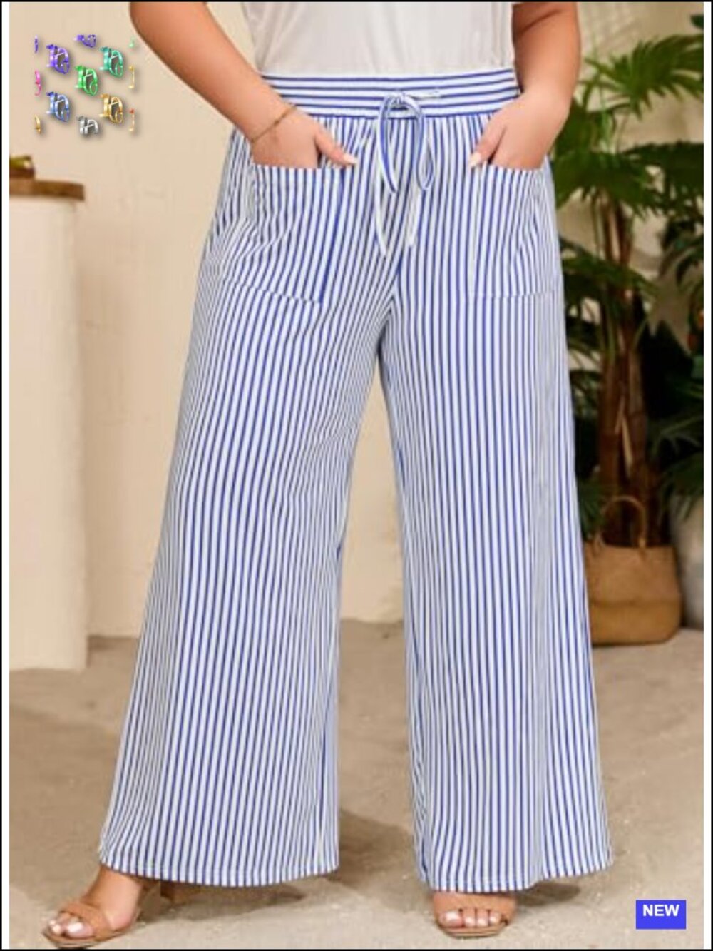 Plus Size Wide Leg Palazzo Pants Elastic High Waist Lounge Trousers with - Picture 2 of 6
